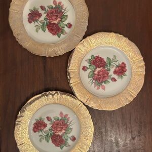 Vintage Gold and Red Rose Dinner Plates 22k Gold